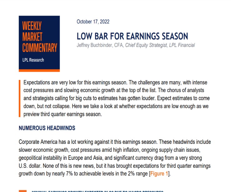 Low Bar for Earnings Season | Weekly Market Commentary | October 17, 2022